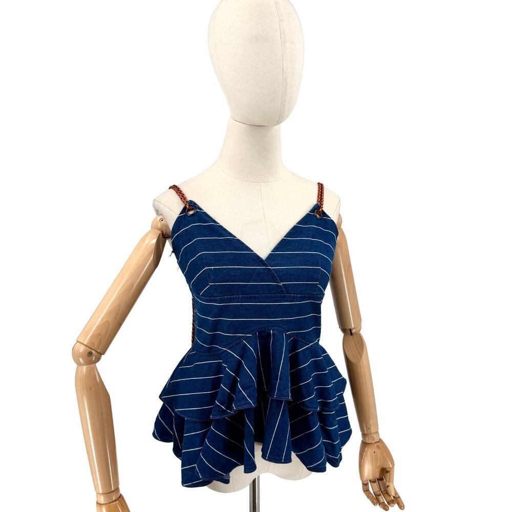 Gracia Blue Denim Pinstripe Ruffle Corset Top